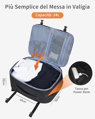 ECOHUB Ryanair Travel Backpack 40 x 30 x 20 cm 13 Pockets Hand Luggage Under the Seat Handle Eco Friendly Airplane Bag in Recycled PET 24 Litres, Patented (Black)