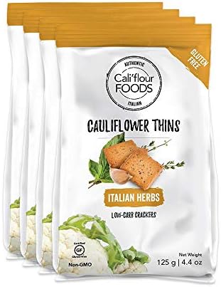 Cali'flour Crackers: Low-Carb Cauliflower Based Keto Crackers for Dipping - 5g Protein, 0g Net Carbs Per Serving - Naturally Gluten, Soy, and Lactose Free - 0 Added Sugar (Italian Herb, 4 Pack)