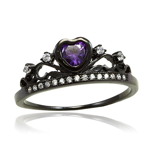 Half Eternity Heart Crown Ring Simulated Amethyst Round CZ Black Gold Rhodium PL 925 Sterling Silver