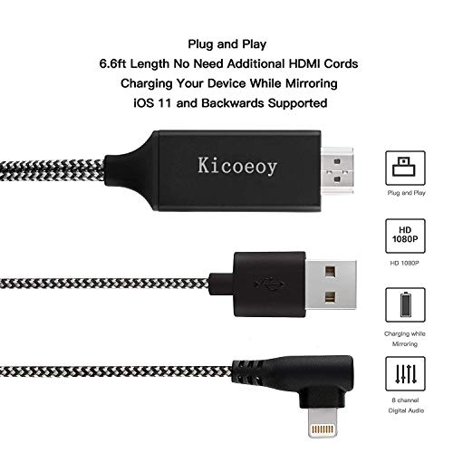 Compatible with iPhone iPad to HDMI Adapter Cable, Kicoeoy 6.6ft Digital AV Adapter 1080P HD TV Connector Cord Compatible with iPhone Xs Max XR 8 7 6Plus 5 iPad iPod to TV (Black)