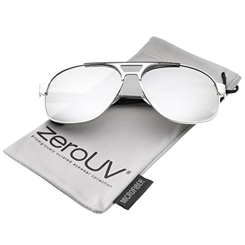 Modern Flat Top Crossbar Mirror Lens Metal Square Aviator Sunglasses 59mm (Silver-Shiny Black/Silver Mirror)