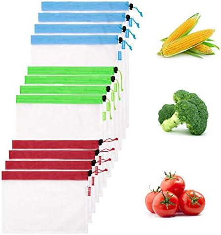 Reusable Mesh Produce Bags - Deedro Eco Friendly Washable Mesh Grocery Bags for Shopping, Storage and Organization, Superior See Through Bags with Drawstring Closure and Tare weight Labels, Set of 24