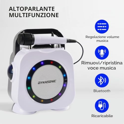 Cassa Bluetooth senza fili con luci LED. Macchina per karaoke portatile con due microfoni. Regalo originale. Altoparlante (Dk-201 nero)