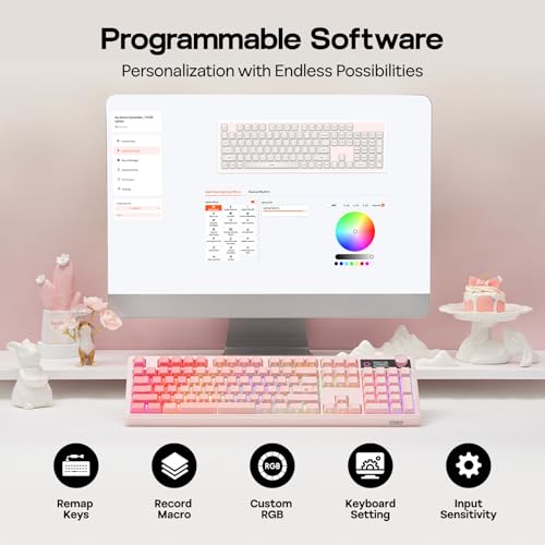EPOMAKER TH108 V2 PRO Full Size Mechanical Keyboard with Screen&Knob, 10000mAh, BT/2.4Ghz, Mac Modifier PBT Keycap, Hot Swap, RGB, Gasket, Wireless Gaming Keyboard for Mac/PC (Pink, Creamy Jade)
