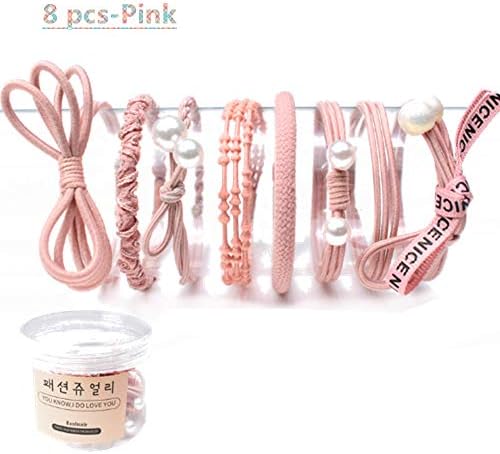 8pcs Girls Women Pearls lucky Bowknot Flower Hair Accessories Elastic Hair Ties Hair Ropes Fashion Headbands Ponytail Holders Hair Rings Hairband (Pink)