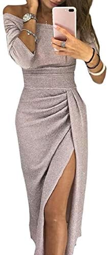 Jmwss QD Women Shiny Off Shoulder Ruched Thigh Slit Clubwear Long Dress