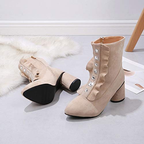 Women Ankle Booties Wedges Shoes Ladies Vintage Buckle Fall Work Block High Heel Shoes Side Zipper Ankle Boots Beige