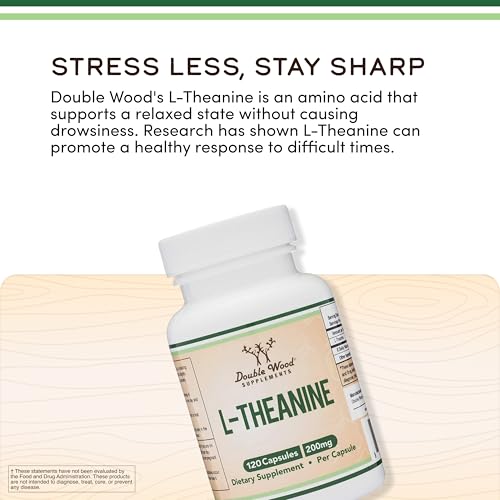 L-Theanine 200mg Double Strength - Supports Health Sleep Response and Relaxation - 120 Capsules (Third Party Tested, Gluten Free, Vegan) by Double Wood