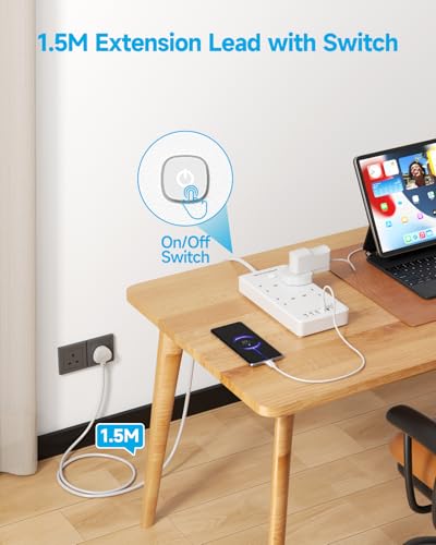 Extension Lead with 6 USB Slots (3 USB C), 4 Way Surge Protected Extension Lead 1.5M with Switch, Wall Mounted Multi Plug Power Strip for Home Bedroom Kitchen Office, White
