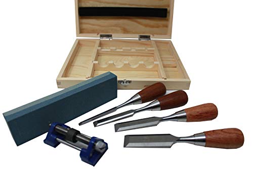 6 Piece Premium Rosewood Woodworking Chisel Set with 4 Chisels, Honing Guide, Sharpening Stone and Wooden Storage Box