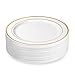 BloominGoods 50 Plastic Disposable Dinner Plates | 10.25 inches White with Gold Rim Real China Look | Ideal for Weddings, Parties, & Catering | Heavy Duty & Non Toxic (50-Pack)