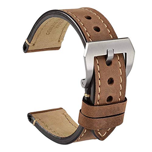WOCCI 22mm Watch Band,Dark Brown Saddle Style Crazy Horse Leather Watch Strap with Brushed Sliver Buckle