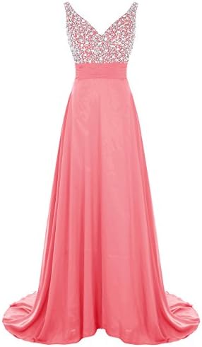 ALAGIRLS Long V Neck Prom Dress Beaded Chiffon Evening Party Gowns