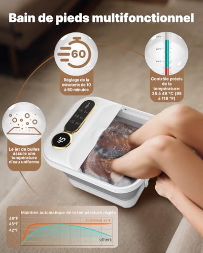 Foldable Heated Foot Bath, Electric Foot Spa Massager with 24 Motorized Shiatsu Massage Rollers, Bubble and Temperature Control, Pedicure Spa Bath for Relaxing