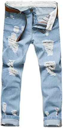 Men's Light Blue Ripped Destroyed Slim Distressed Straight Fit Skinny Jeans W30