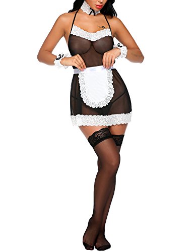 Lucyme Damen sexy Babydoll Cosplay Uniform Dienstmädchen Nachtwäsche Reizwäsche Kostüm Negligee Dessous- Gr .M, Schwarz – Bild 3