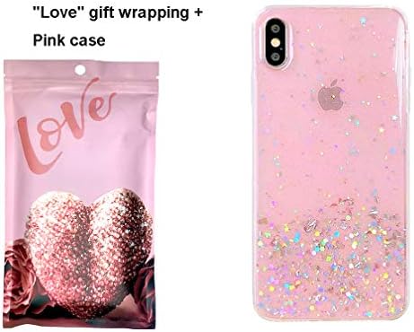 for iPhone Xs max Case Absorption Shockproof Protective Crystal Epoxy TPU Glitter Foil Transform Color Stars Corrosion-Resistant Stylish Shine 6.5" case (Pink&Love Wrapping)
