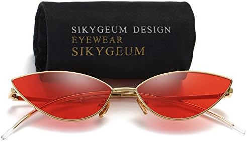 SIKYGEUM Sexy Small Cat Eye Sunglasses Women Retro Slim Metal Frame Droplet Temple(C40 Gold&Red)