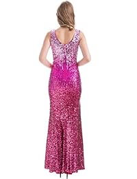 MANER Vestido largo de lentejuelas con cuello en V para mujer, sin mangas, para baile de graduación, formal, de sirena