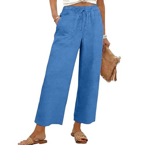 Linen Trousers Womens Drawstring Elastic Waist Wide Leg Trousers for Women UK Plus Size Loose Fit Ladies Lounge Pants with Pockets Lightweight Casual Holiday Beach Pants Sky Blue