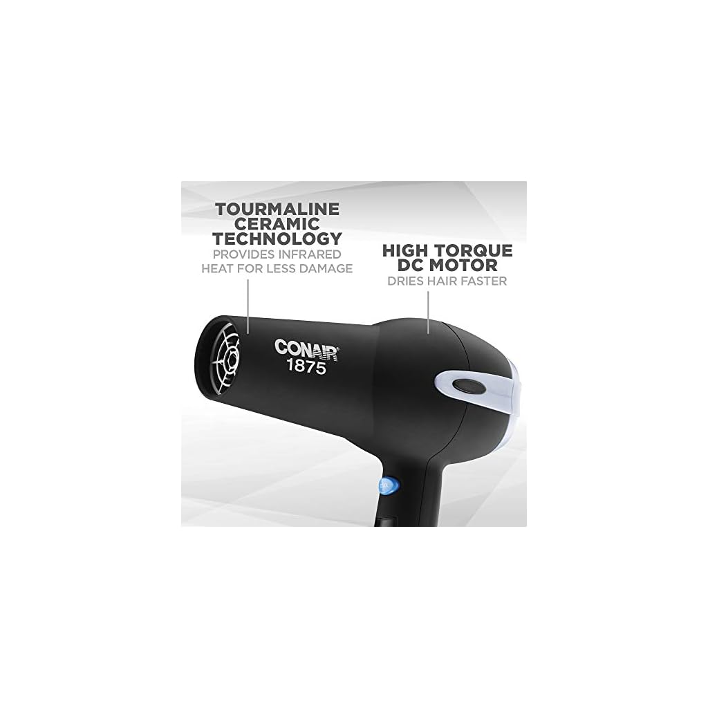 Conair 1875Watt Ionic Ceramic Hair Dryer with Diffuser and Concentrator, Black Black Hair