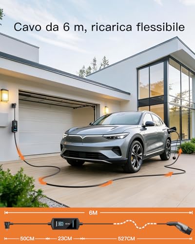 tomons App Electric Car Charging Cable, 3.68 kW 6M, Portable Electric Car Charger Type 2 Schuko, Single Phase 16 A, 2.4 Inch LCD IP65, Adjustable Time and Current for Model 3/Y, 500e, e-208, Other EV