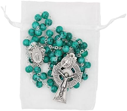 Irish Celtic Italian Made Rosary with Glass Imitation Marble Beads and Miraculous Medal Centerpiece Scroll