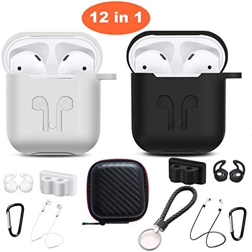 Airpods Case, Airpods Accessories Kits, 12 in 1 Protective Silicone Cover Skin Apple Airpods Anti-Lost Airpods Strap, Airpods Watch Band Holder, Airpods Ear Hook（Black and White）