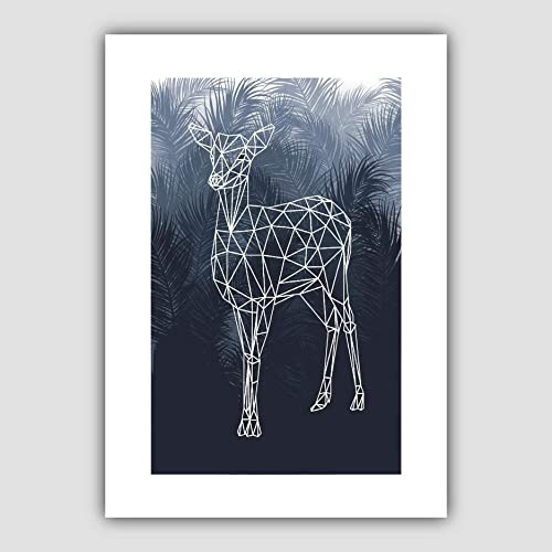 Artze Wall Art Deer Doe with Palm Leaves Background Geometric Art Print, A4 Size, Navy Blue