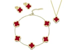 HUGIA Jewelry Set, Minimalist Creative Plant Flower Design Four leaf clover 18K Gold Plated Stainless Steel Pendant Necklace Earrings Bracelet, Elegant Four Leaf Clover Necklace Floral Style Jewelry Gift (include HUGIA BOX)