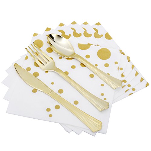 TBwisher Gold Plastic Disposable Flatware Silverware Set Disposable Tableware Cutlery - 40 Paper Napkin 40 Forks 40 Spoons and 40 Knives Combo 160 Party Supplies (Gold)