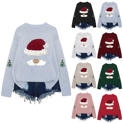 Sweatshirts for Women UK, Christmas Women's Jumpers Long Sleeve Crewneck Knitted Pullover Casual Loose fit Christmas Elegant Sweaters M Light Blue