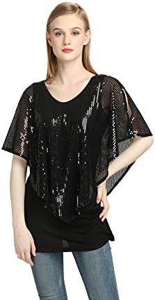 sequin top, Yagoor Women's Crew Neck Tunic Blouse Ruffle Shirt Black Sequined 2-Piece Top l