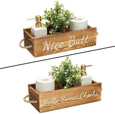 Timeyard 素敵なお尻のバスルーム装飾ボックス 素朴なトイレットペーパーホルダー ロープハンドル付き木製ボックス Hello Sweet 面白いバスルームサイン Qikeweita01 ブラウン ファームハウスホームデコ Cheeks ブランド買うならブランドオフ 両面キュート収納ボックス