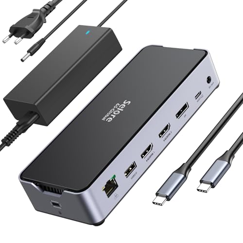 USB C DockingStation 3 Monitors, Laptop Docking Station Dual Monitor with 2 HDMI DisplayPort 4K@144Hz,USB A 2.0/3.0,USB C 3.1 10Gbps&30W Output, Ether