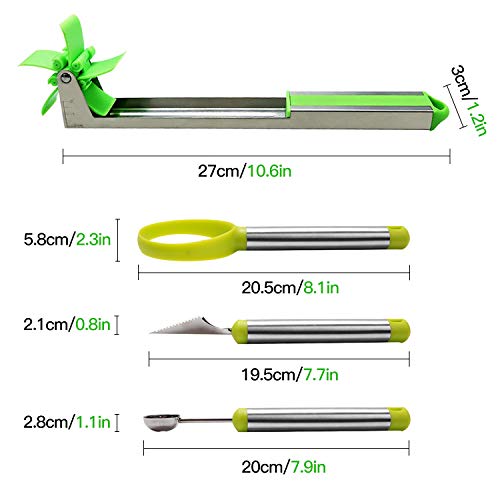 4 Pack Fruit Slicer Carving Set, Stainless Steel Watermelon Windmill Slicer Corer Cutter Knife Tongs & Fruit Scoop Dig Pulp Separator & Melon Baller Scoop and Fruit Carving Knife - Thumbnail 5