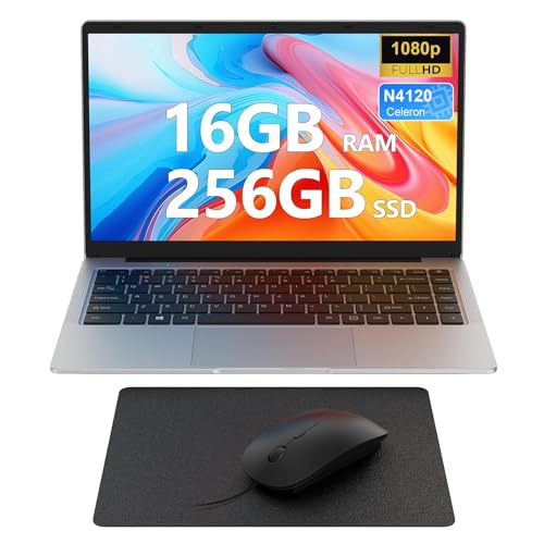 14 inch Laptop, 16GB DDR4 RAM 256GB SSD Win11 Laptop PC, Celeron N4120, 1920x1080 FHD IPS, 5G WiFi/Mini HDMI/USB/BT, Support Extension 1TB, Includes Mouse/Mouse Pad/AZERTY Film