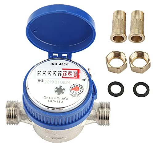 AYNEFY Mechanical Water Meter, Copper, 15mm 1/2 Inch, 1.5 m3/h, Household Garden Water Gauge, Blue