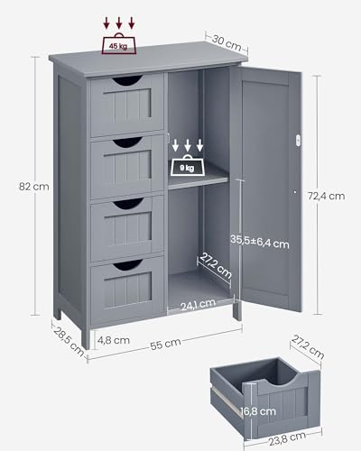 VASAGLE LHC041P36 Narrow Bathroom Cabinet Side Cabinet Chest of Drawers with 4 Drawers Cabinet Door Adjustable Shelf 30 x 55 x 82 cm Dove Grey