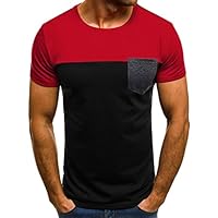 SPE969 Big T-Shirt Men Blouse Top Muscle Slim Casual Fit Short Sleeve Patchwork Pocket Red