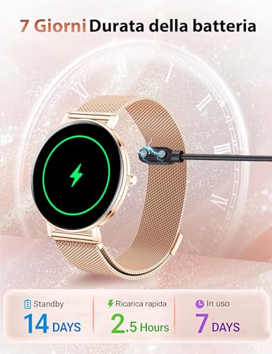 Smartwatch Donna,8mm Ultra Sottile,1.32" AMOLED Smart Watches con 7 Giorni di Batteria,Chiamate BLE5.3,Frequenza cardiaca, SpO2, Sonno, Contapassi,IP68 Orologio Fitness per Android/iOS,Oro Rosa
