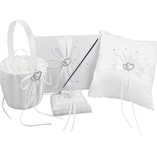 Youzpin 4Pcs Romantic Wedding Ceremony Party Favor Sets, Rhinestone Stain Ribbon Wedding Ring Pillow+ Girls Flower Basket +Guest Book + Pen for Elegant Wedding Party - Thumbnail 6