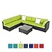 Peach Tree 7 PCs Outdoor Patio PE Rattan Wicker Sofa Sectional Furniture Set with Green Cushion, 2 Pillows and Tea Table