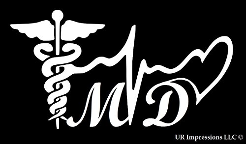 Medical Doctor - MD Caduceus Lifeline Heart Decal Vinyl Sticker Graphics|UR Impressions|for Cars Trucks SUV Van Walls Windows Laptop|White|7.5 X 4.1 inch|URI388