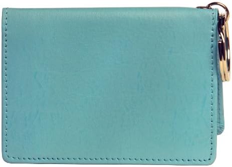 OWL Folding ID BLUE Small Leather Bifold ID Card Holder Wallet with Keychain for Men + Women