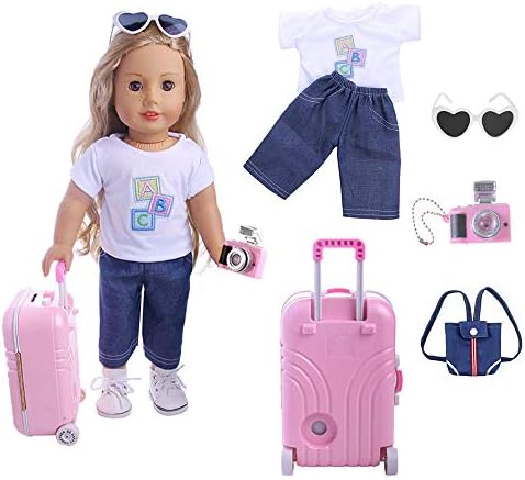 UUsave 5Pcs Travel Set Suitcase 18" Doll Pink Suitcase White T-Shirt + Jeans Camera Sunglasses Doll Backpack Bag Replacement for 18 inch American Girl Doll (Pink)