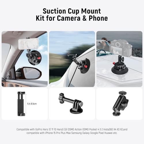 NEEWER 4.5"" Suction Cup Camera Mount with Ball Head Magic Arm, 1/4"" 3/8"" ARRI Holes, Quick Release Car Mount with Holder & Action Cam Adapter Compatible with DJI Insta360, CA105
