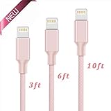 iPhone Charger Cable, LUXEAR 3 Pack 3ft 6ft 10ft Lightning to USB Cables Charging Cord Charge and Sync for iPhone 7,6s,6s Plus, 5s, 5, SE, iPad air/2/mini, iPad 1/2/3/4, Pink/ Rose Gold