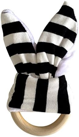 #1 Teether Natural Wooden Baby Ring With Minky Fabric Bunny Ears (BlackWhiteStripe)
