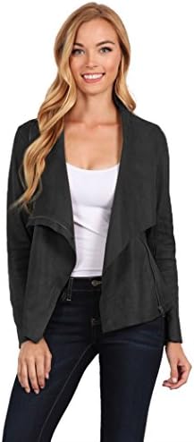 UUWJC1018 Womens Regular Size Faux Suede Crowl Neck Long Sleeve Asymmetrical Zip-up Jacket M BLACK